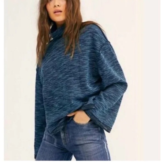 Free People Sunny Days Turtleneck Sweater Blue Overboard Combo XS Retail $98 - Picture 2 of 6